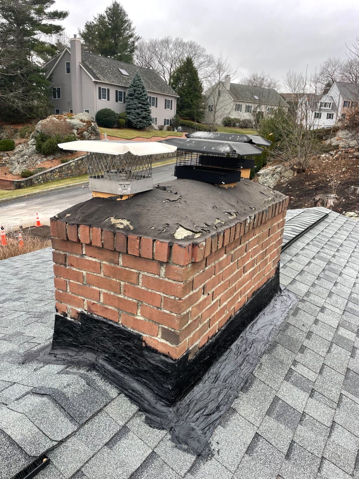 Chimney with flashing and chimney caps in Greater Boston